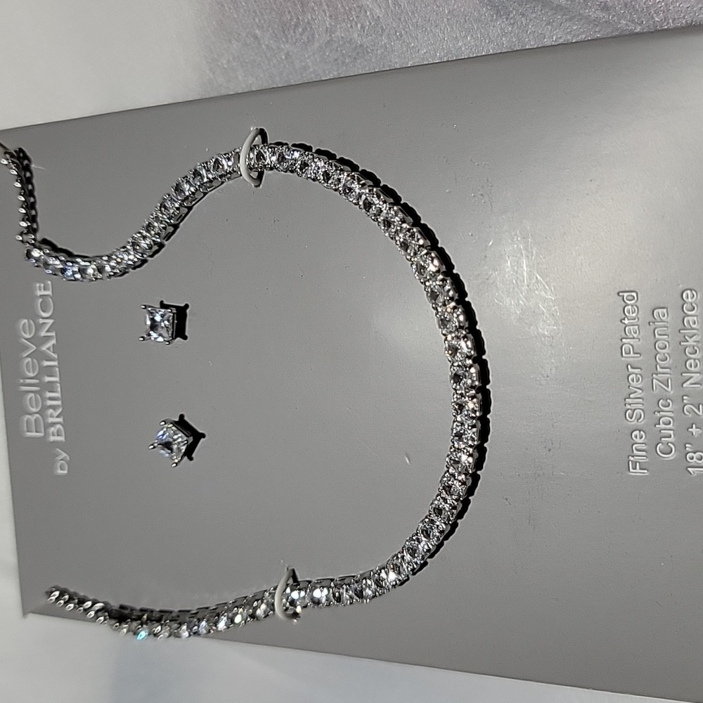 New Believe by Brilliance Necklace & Earring Set Tennis Studs Silver Plated CZ - Picture 8 of 11